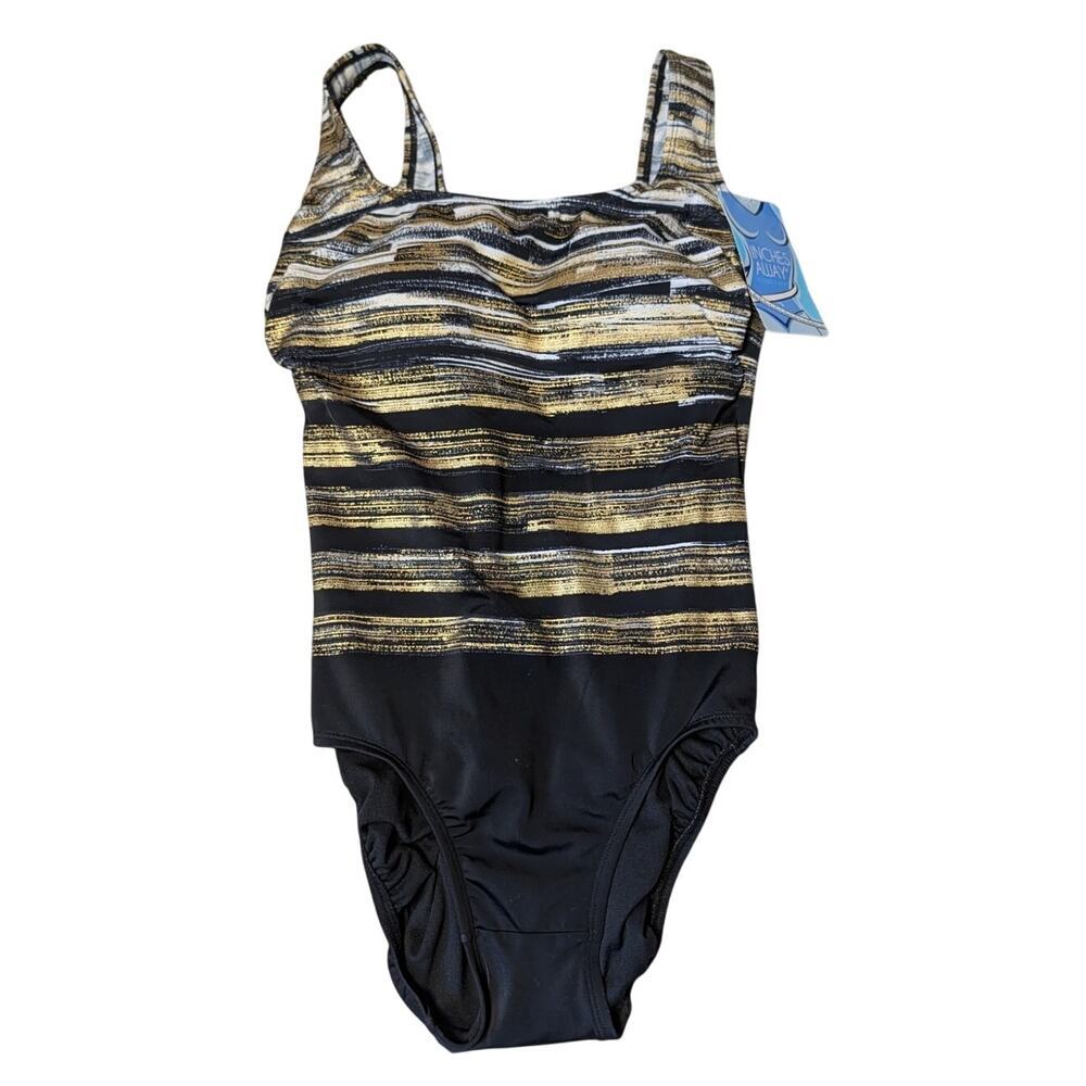 Inches Away Women’s One Piece Swimsuit Black Gold Stripe Size 8 NWT Swim - Picture 2 of 14